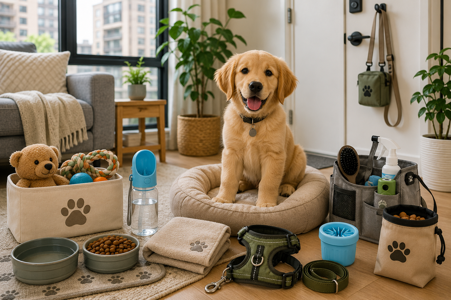 Golden retriever puppy sitting in a cozy apartment with dog supplies, including bowls, toys, leash, harness, grooming items, and a pet bed