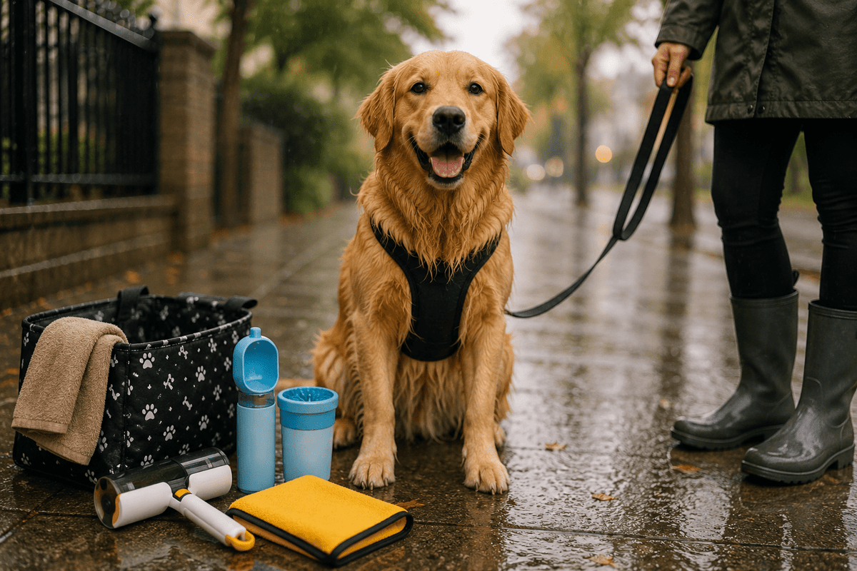 Golden retriever on a rainy sidewalk with dog walking essentials including a harness, paw cleaner, towel, water bottle, car seat cover, and pet hair remover