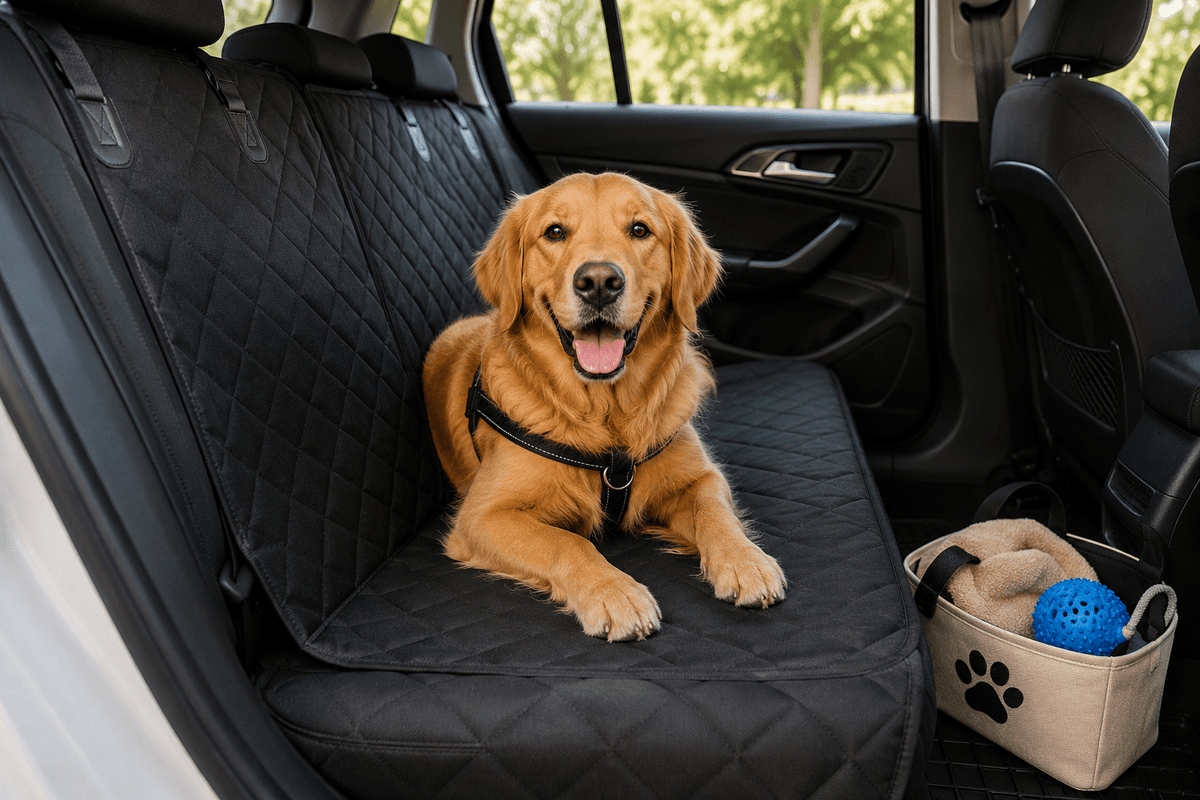 Golden retriever sitting on a black waterproof dog car seat cover in the back seat of a clean car with pet travel essentials nearby