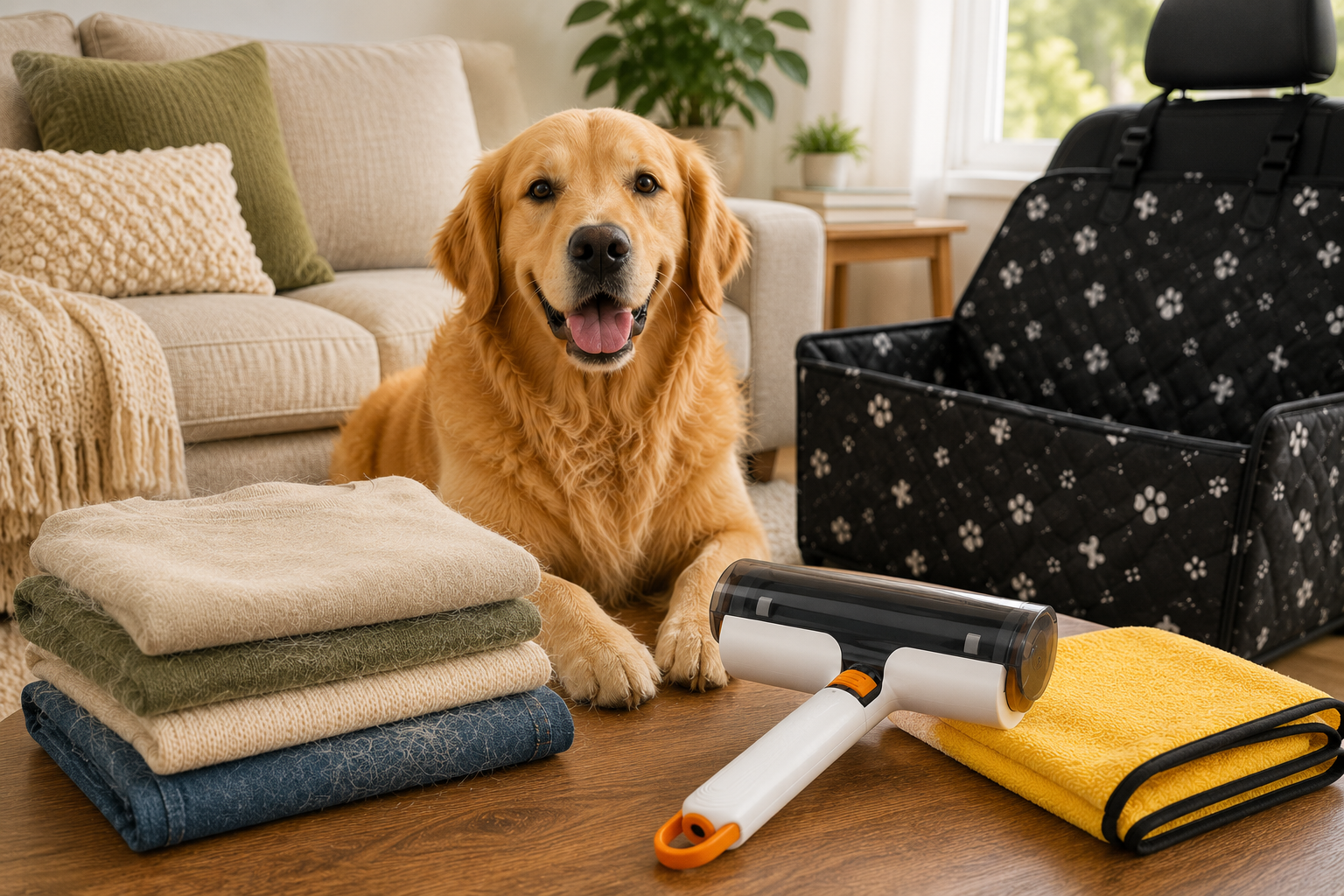 Golden retriever in a cozy living room with folded clothes, a reusable pet hair remover roller, couch, towel, and dog car seat cover nearby
