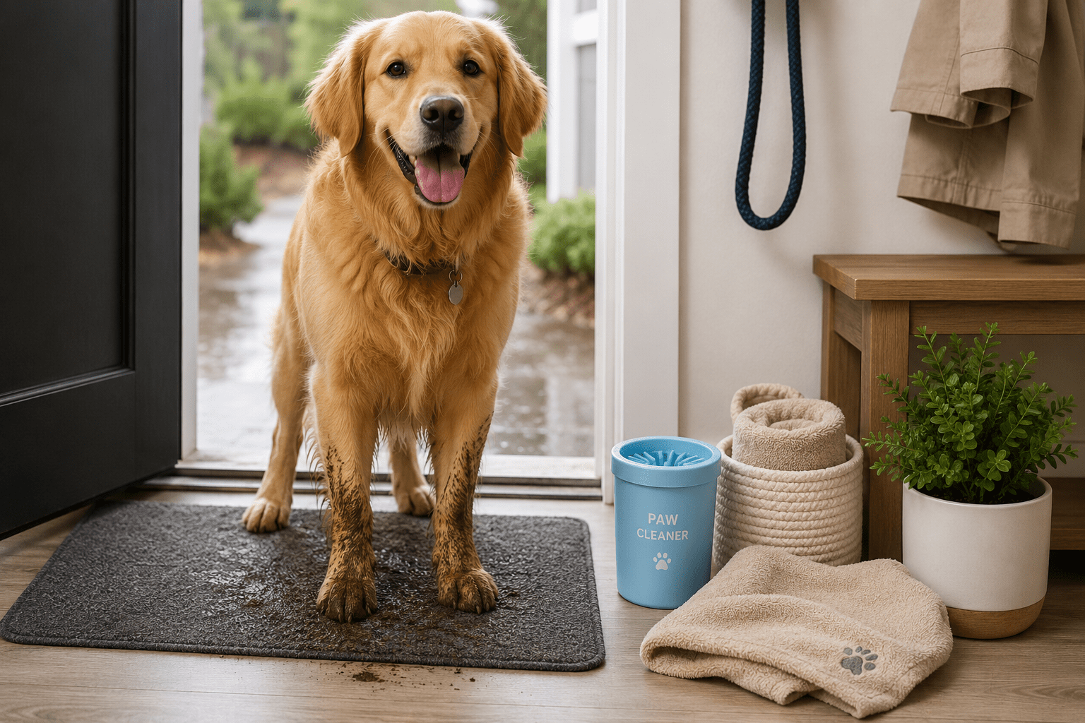Dog standing by the door with muddy paws near a towel and paw cleaner for easy post-walk cleanup