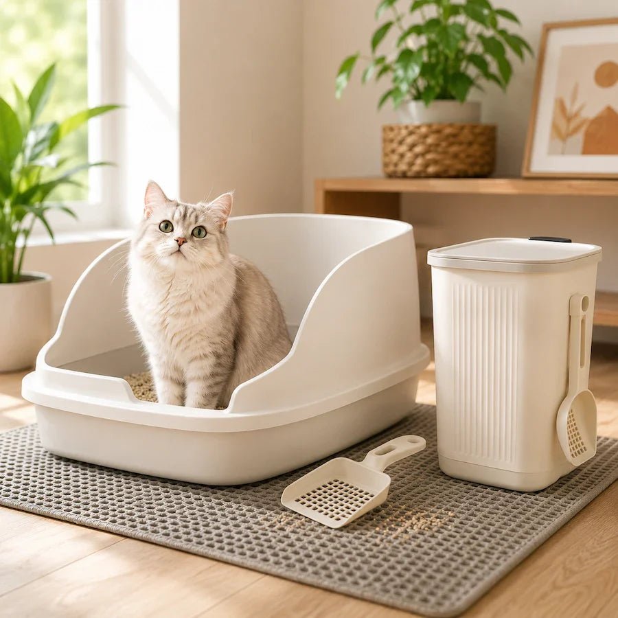 Cat litter box setup with litter mat, scoop, and storage bin in a clean indoor home setting with a cat sitting inside the litter box