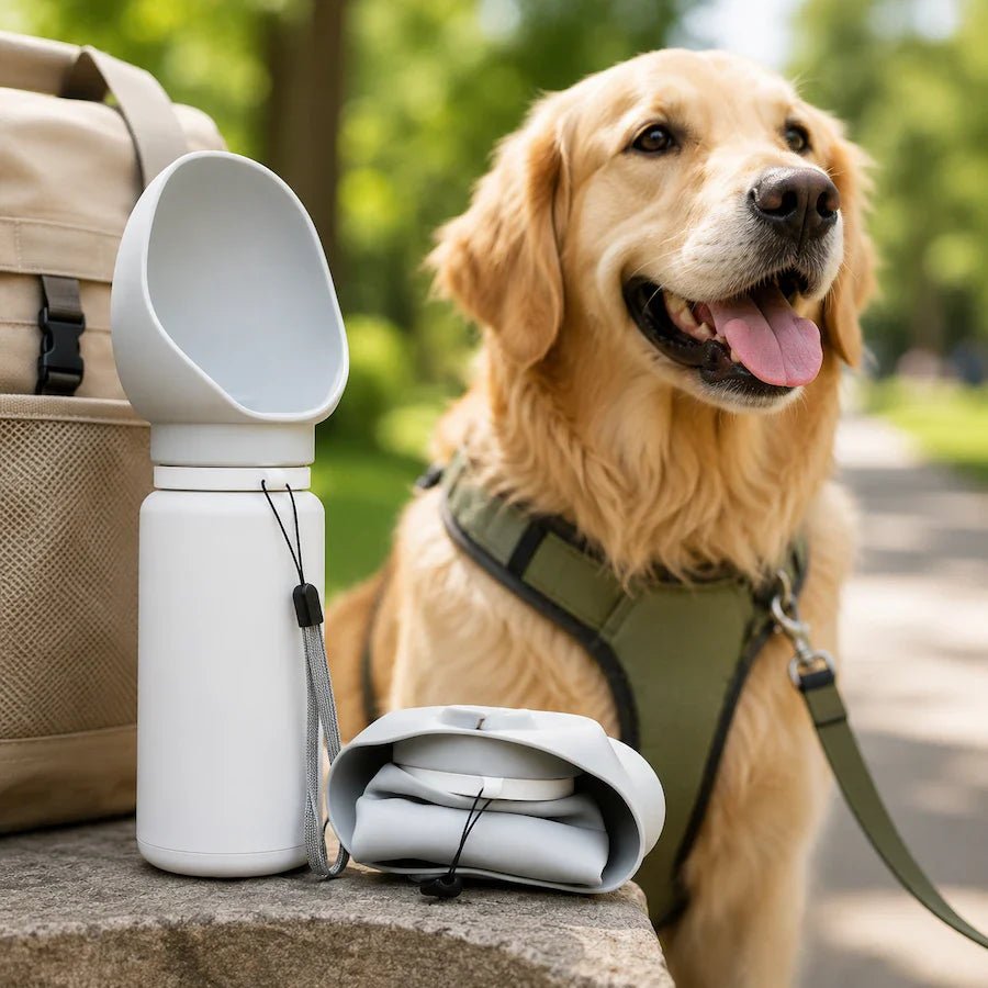 Portable dog travel water bottle with a happy golden retriever outdoors, ideal for walks, hikes, park trips, and on-the-go hydration