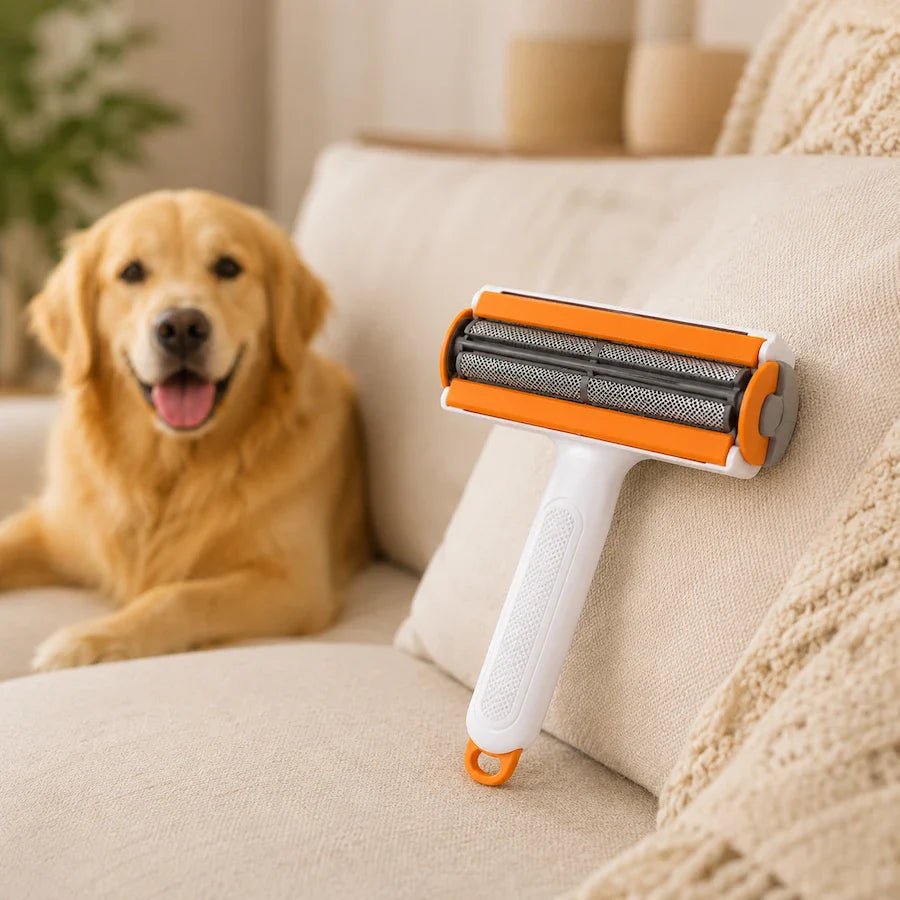 Reusable pet hair remover roller on a beige couch with a dog in the background, designed for removing pet hair from sofas, blankets, bedding, and furniture
