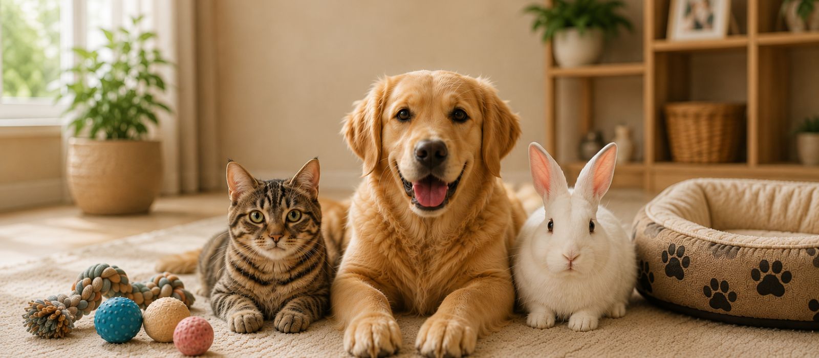 Dog, cat, and rabbit relaxing at home with pet toys and a cozy pet bed