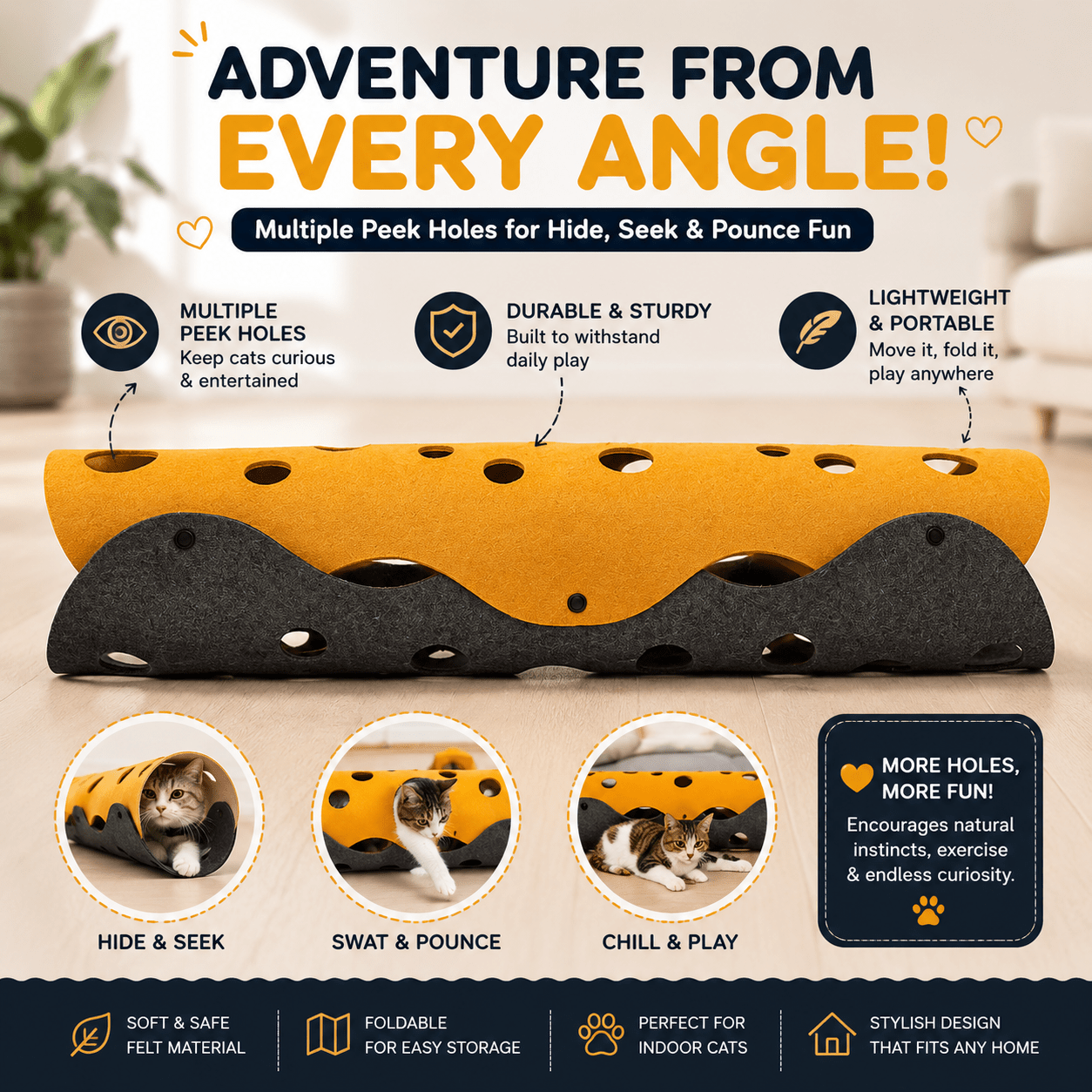 Side view of the Foldable Cat Tunnel Toy showing multiple peek holes, durable felt material, and hide-and-seek play features