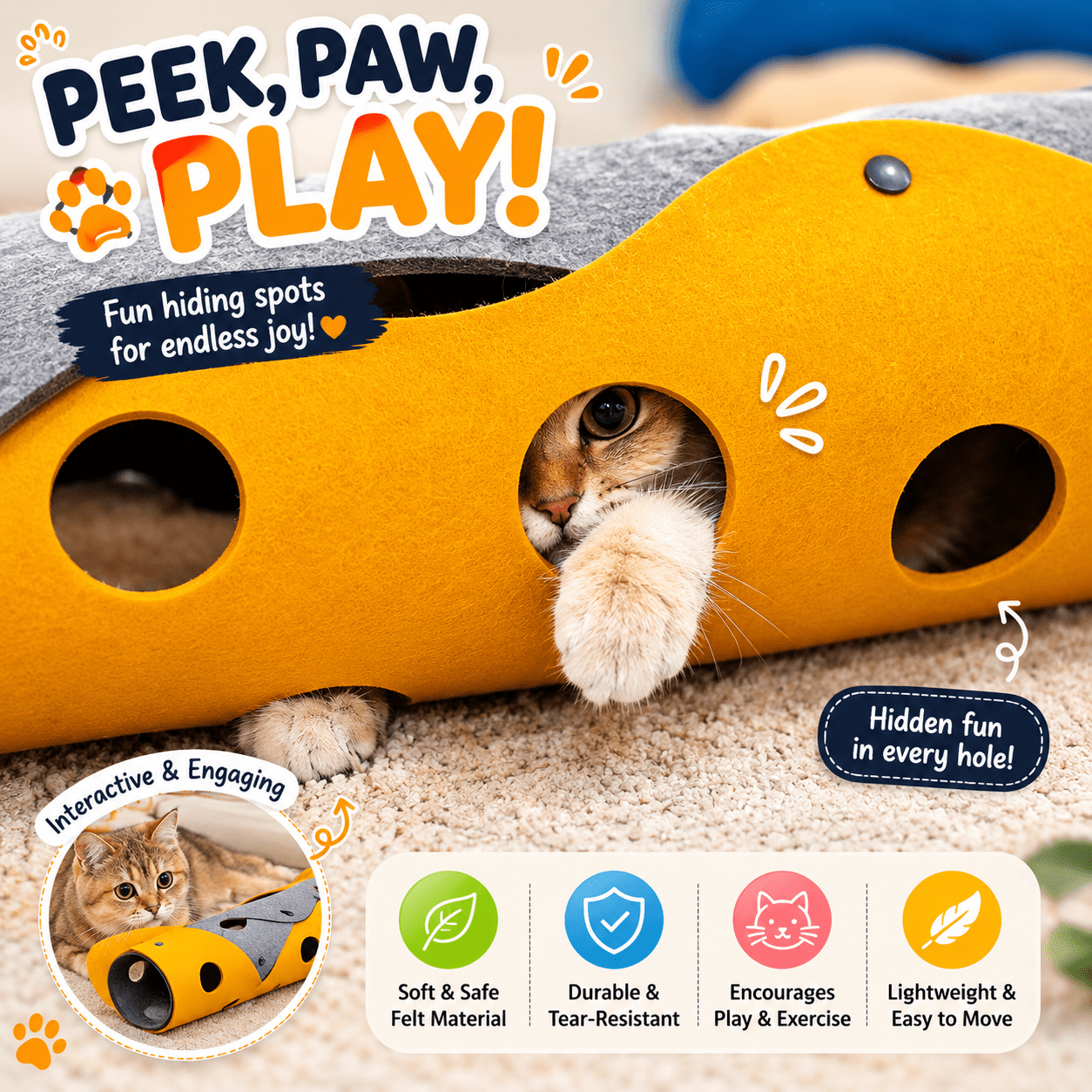 Cat peeking through the Foldable Cat Tunnel Toy with playful graphics highlighting peek holes and interactive indoor play