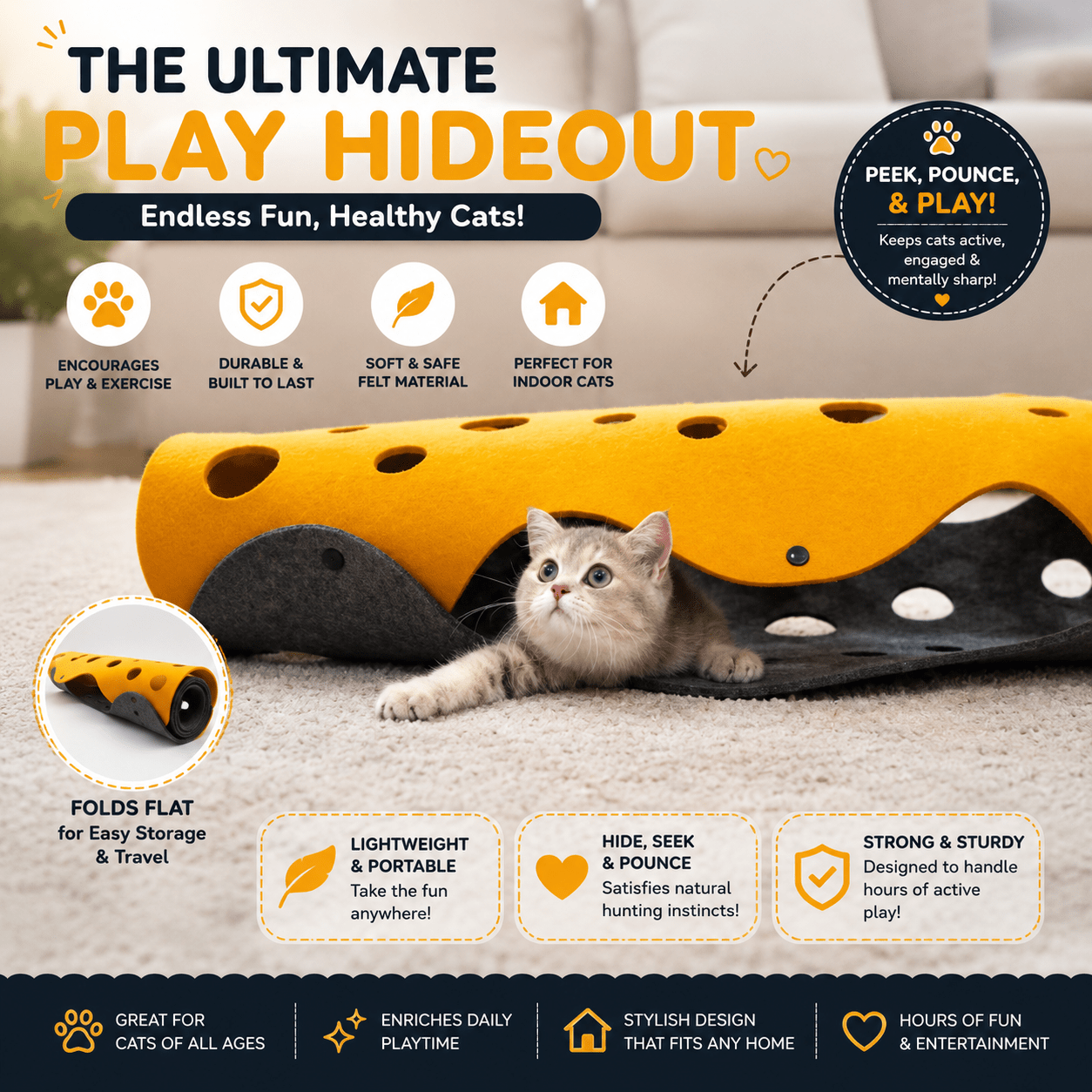 Kitten lounging inside the Foldable Cat Tunnel Toy with text callouts for soft felt, foldable storage, and active cat play