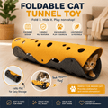 Foldable Cat Tunnel Toy with orange and gray felt design, kitten playing inside, and feature callouts for indoor cat enrichment