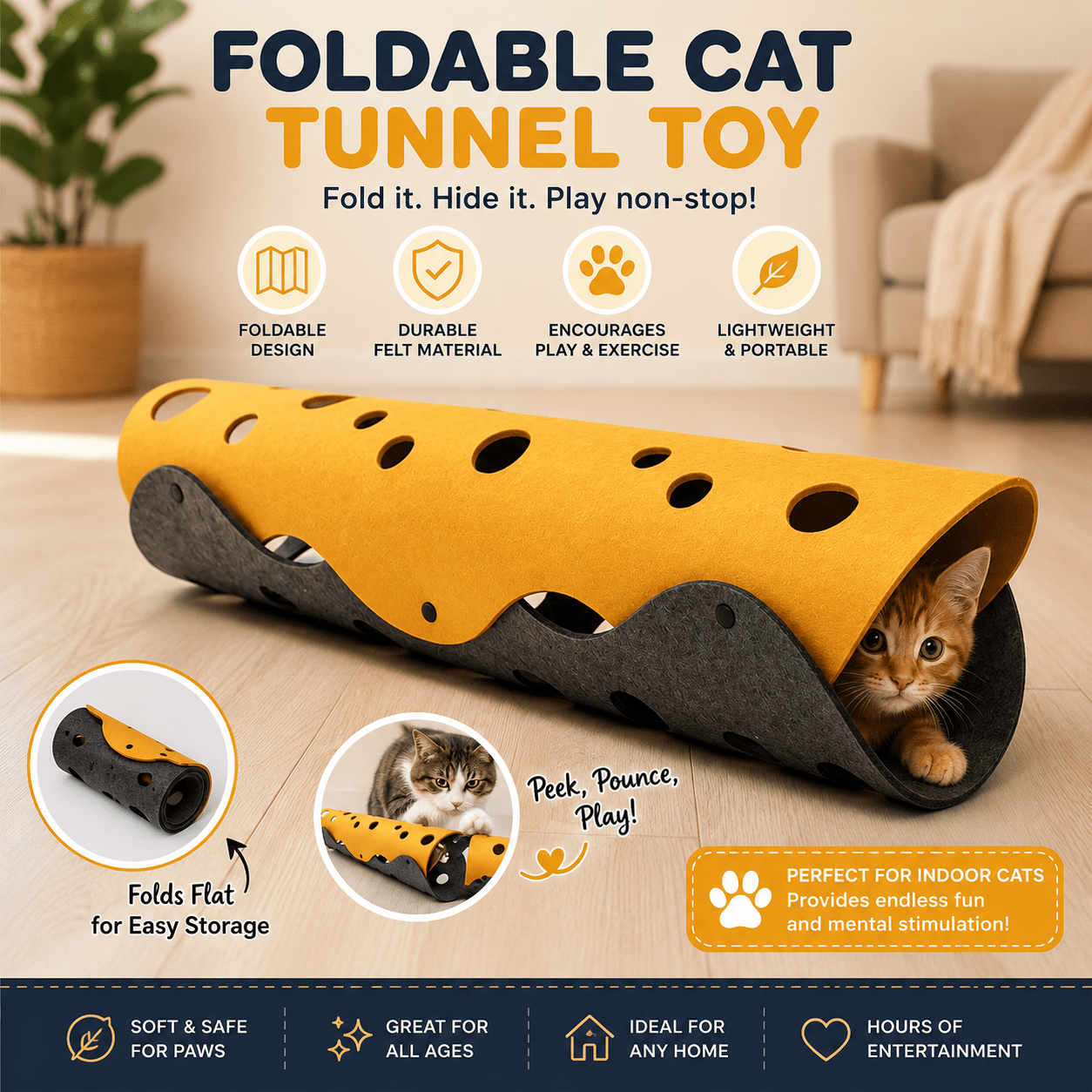Foldable Cat Tunnel Toy with orange and gray felt design, kitten playing inside, and feature callouts for indoor cat enrichment