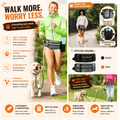 Hands-Free Dog Walking Waist Bag shown with a dog walker, built-in water bottle holder, treat pocket, poop bag dispenser, and adjustable fit