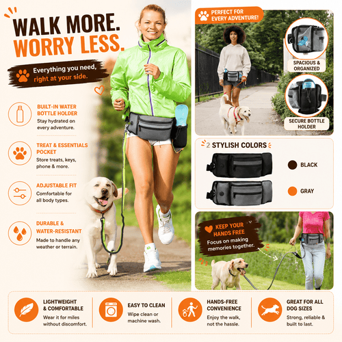 Hands-Free Dog Walking Waist Bag shown with a dog walker, built-in water bottle holder, treat pocket, poop bag dispenser, and adjustable fit