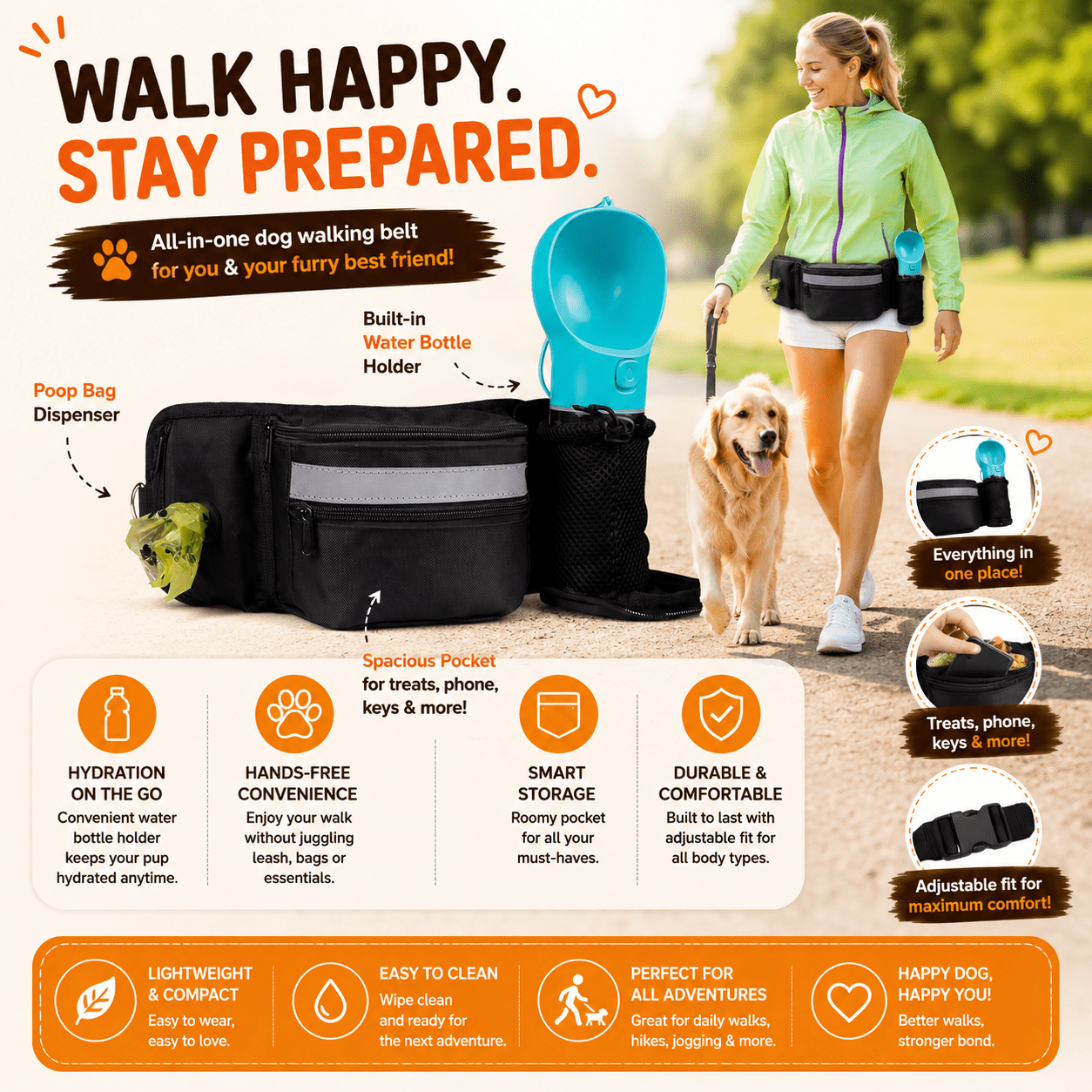Hands-Free Dog Walking Waist Bag product infographic showing spacious pocket, water bottle holder, poop bag dispenser, and hands-free convenience