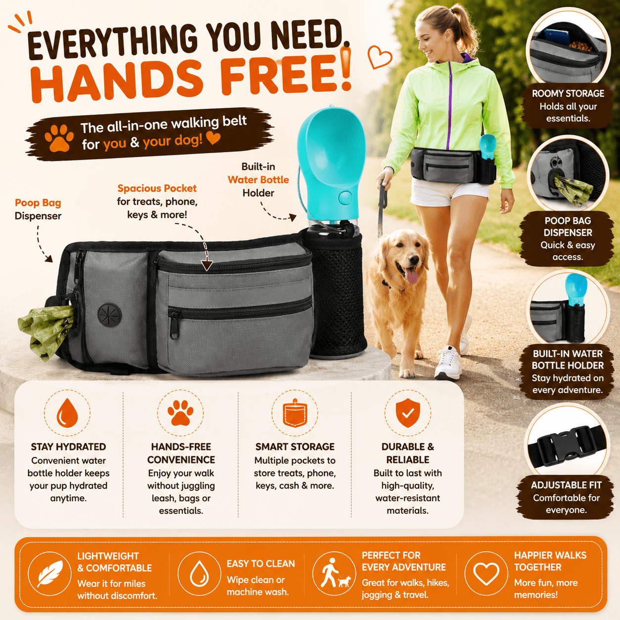 Hands-Free Dog Walking Waist Bag size and feature infographic showing adjustable fit, multiple pockets, poop bag dispenser, and water bottle holder