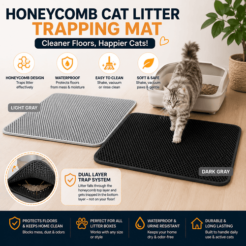 Honeycomb Cat Litter Trapping Mat shown in black and light gray color options with cat, litter box, and dual-layer trap system feature callout