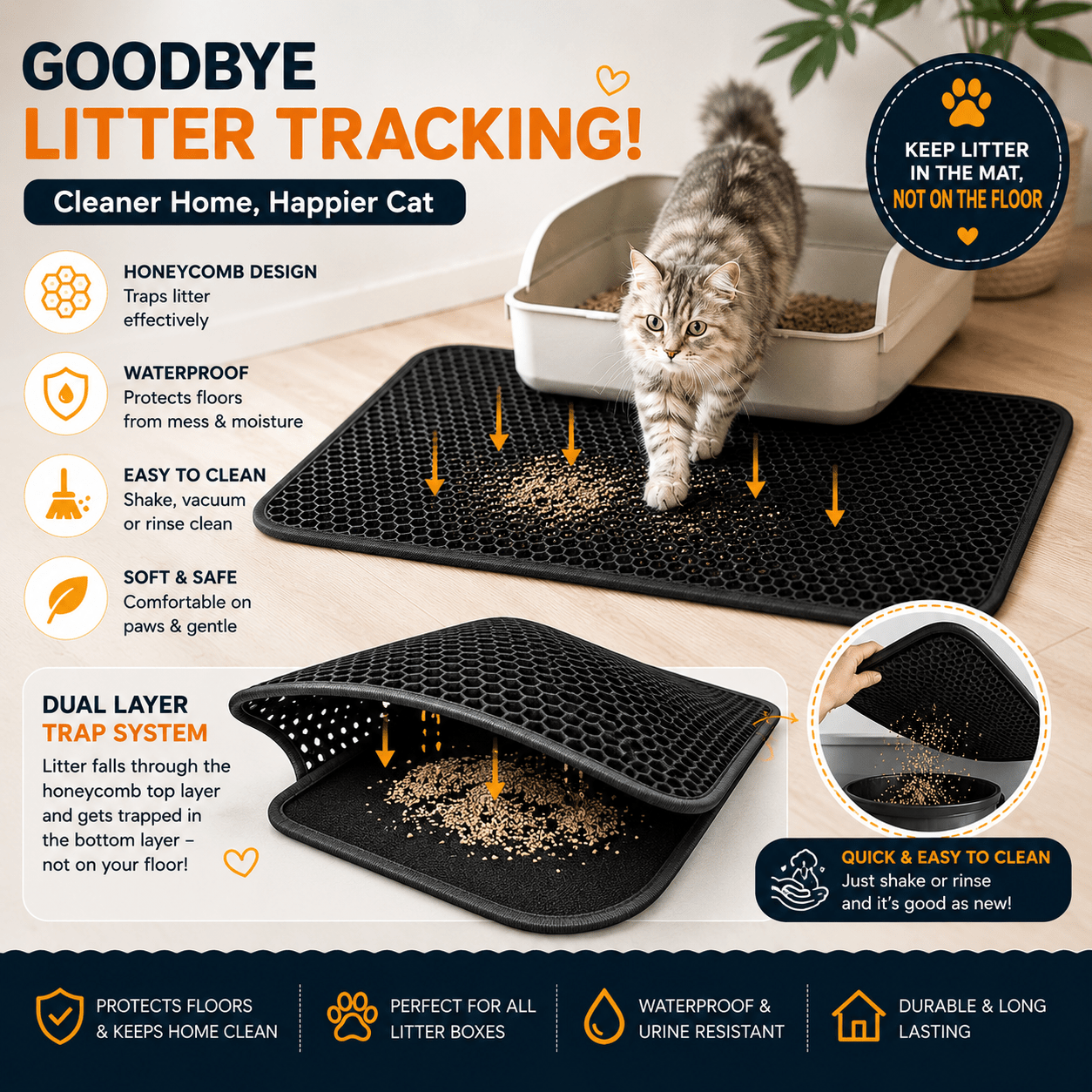 Black Honeycomb Cat Litter Trapping Mat with cat walking from litter box and feature callouts for cleaner floors and less litter tracking