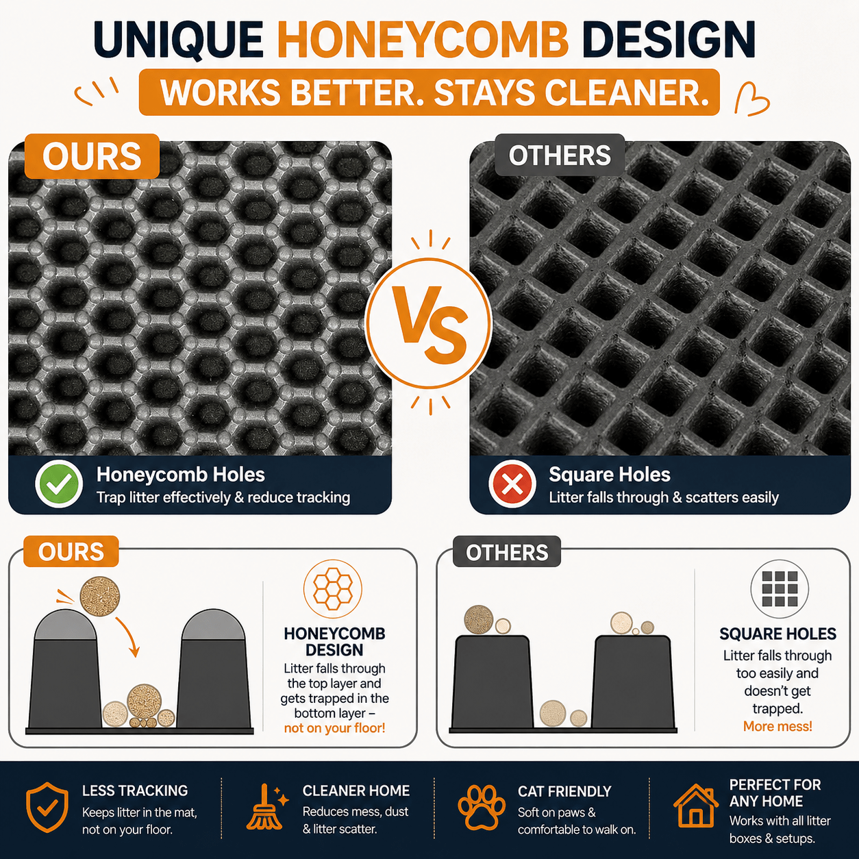 Comparison graphic showing honeycomb cat litter mat design versus square hole design for better litter trapping and less floor mess