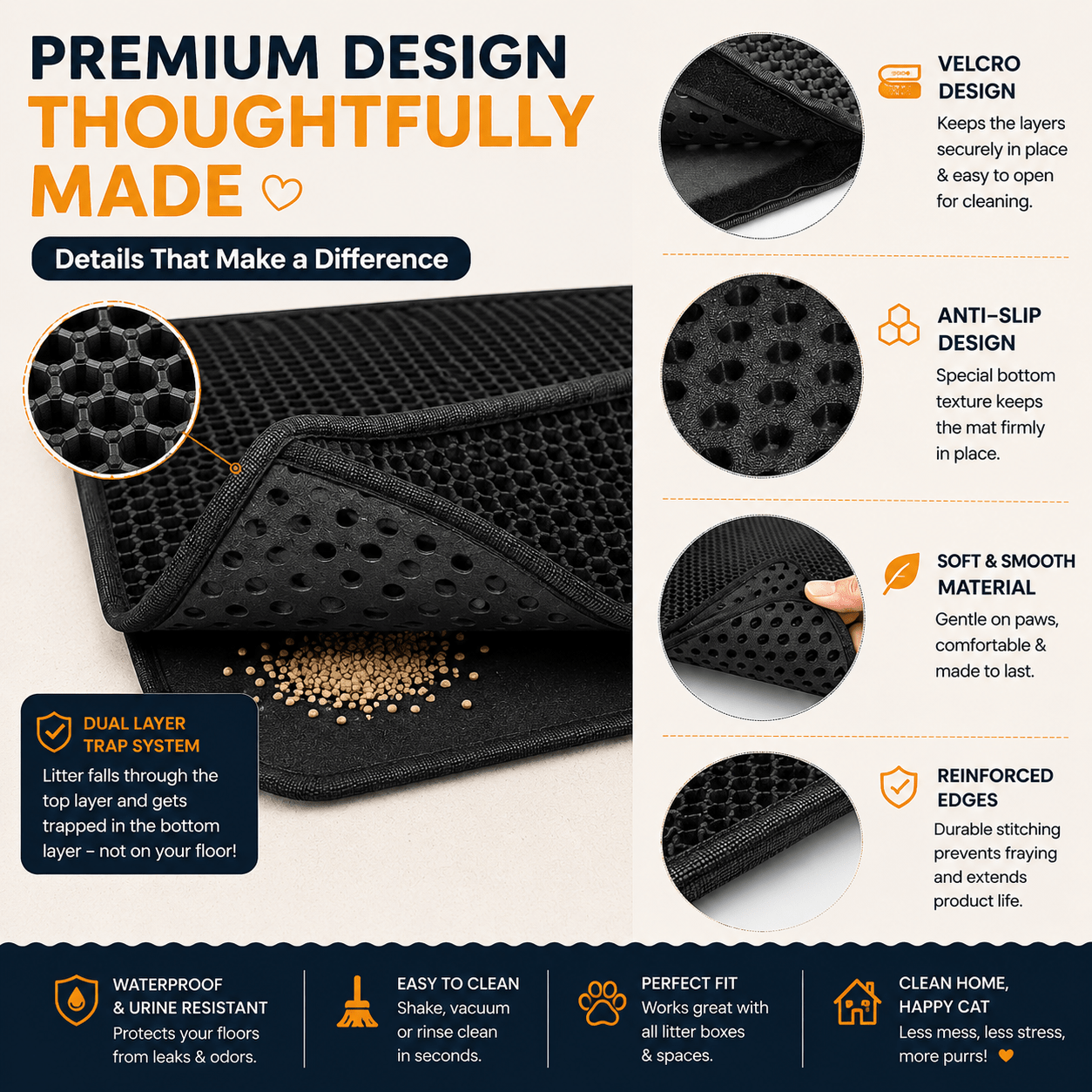 Close-up infographic of Honeycomb Cat Litter Trapping Mat showing dual-layer trap system, reinforced edges, anti-slip design, and waterproof material