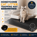 Honeycomb Cat Litter Trapping Mat with gray cat beside litter box, showing litter trapping, waterproof protection, and easy cleaning features