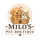 Milo’s Pet Boutique logo with a smiling puppy and kitten in a box