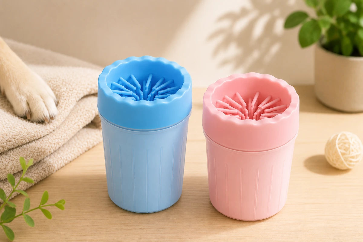 Blue and pink portable dog paw cleaner cups on a light wood table with soft bristles, shown in a clean home setting with a dog paw, towel, and plant in the background