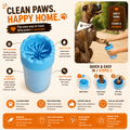 Blue Portable Dog Paw Cleaner Cup use guide showing how to add water, insert paw, twist, and clean dirty dog paws in seconds