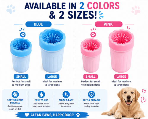 Portable Dog Paw Cleaner Cup shown in blue and pink with small and large size options for small, medium, and large dogs