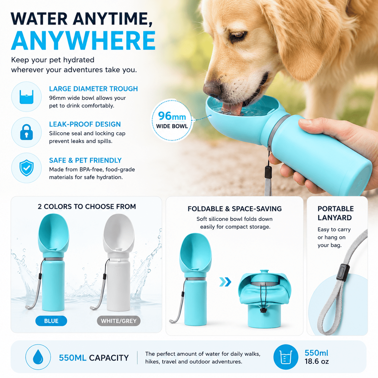 Portable Dog Travel Water Bottle lifestyle image showing a dog drinking from the wide bowl with leak-proof design, foldable bowl, portable lanyard, 550ml capacity, and two color options