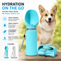 Portable Dog Travel Water Bottle infographic showing blue bottle with 550ml capacity, safe durable materials, lightweight design, easy cleaning, and blue and white/grey color options
