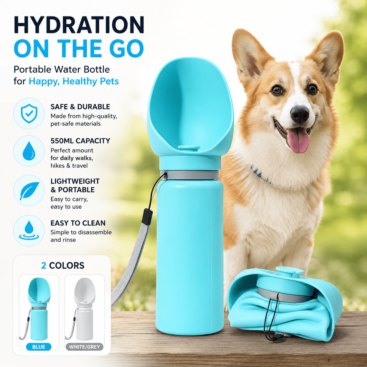 Portable Dog Travel Water Bottle infographic showing blue bottle with 550ml capacity, safe durable materials, lightweight design, easy cleaning, and blue and white/grey color options
