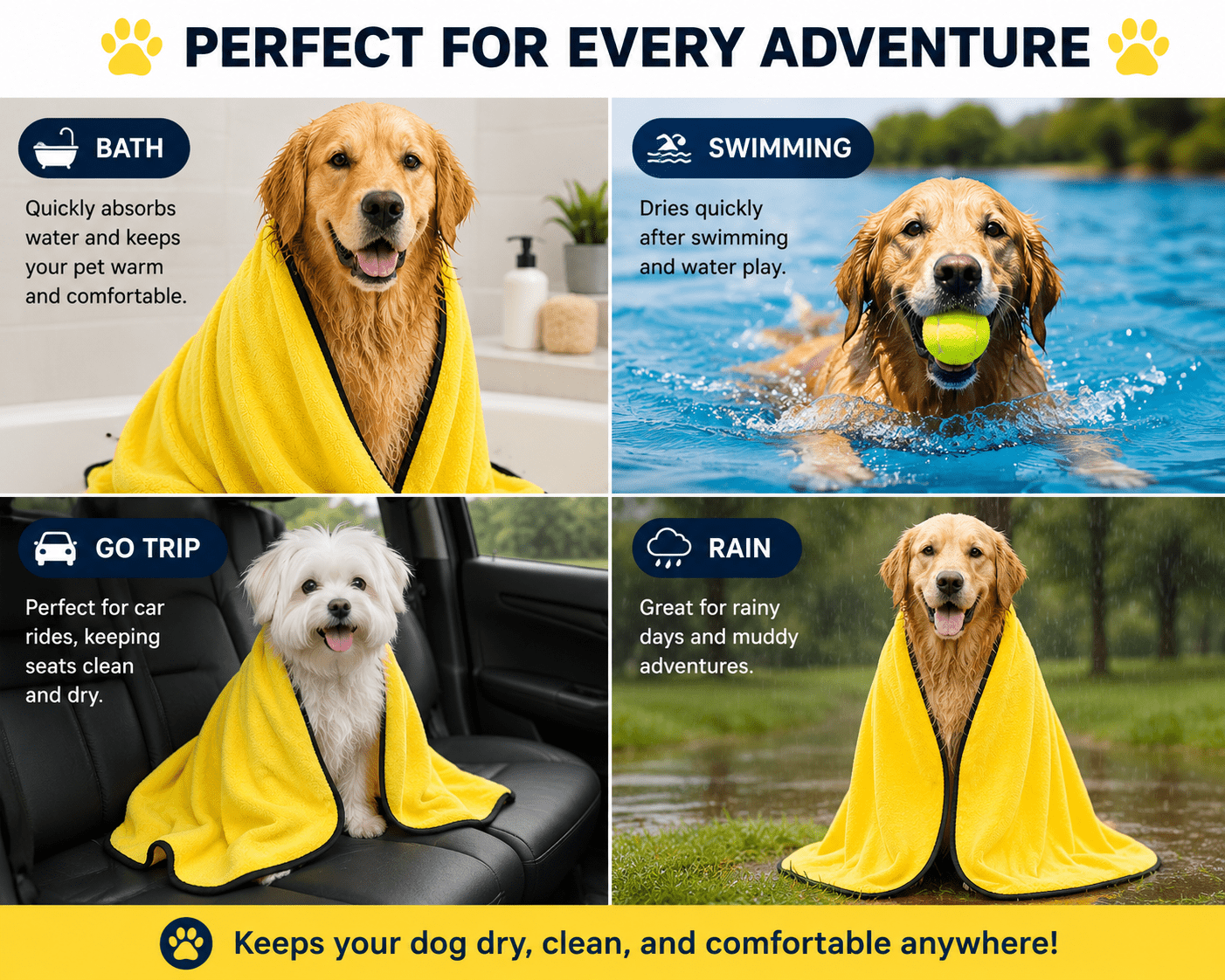Quick-Dry Dog Towel use-case graphic showing dogs using the towel after bath time, swimming, car trips, and rainy outdoor adventures