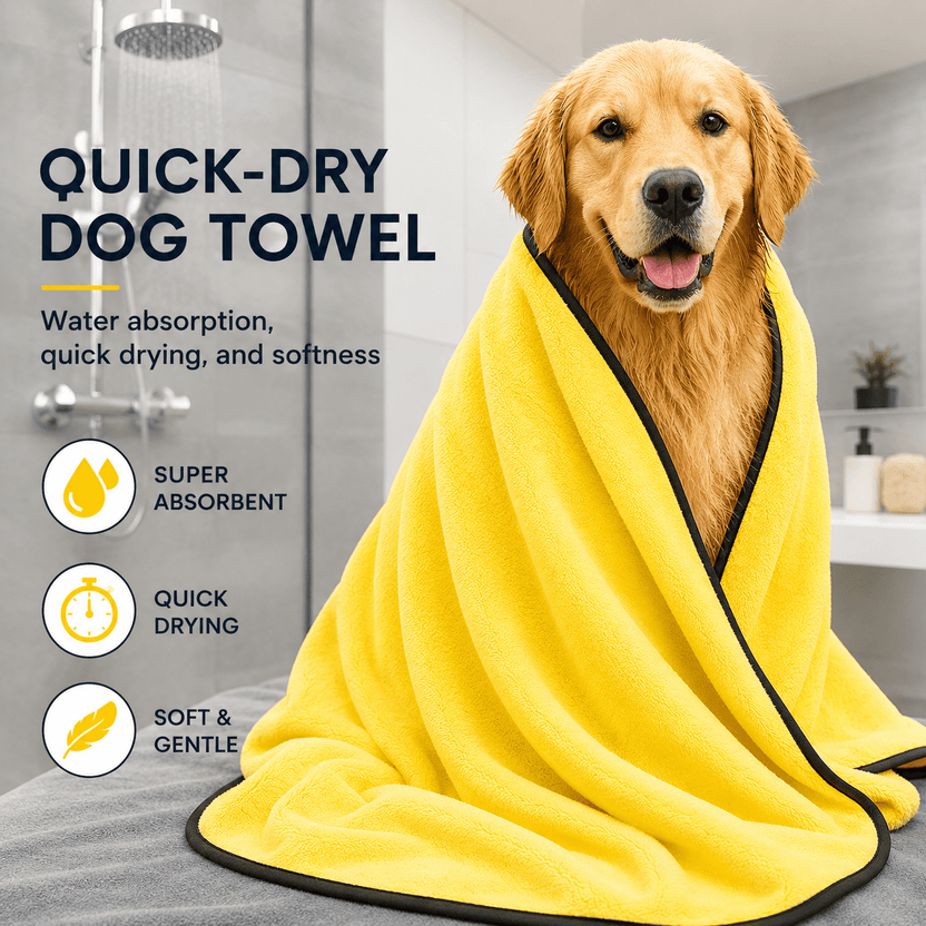 Golden retriever wrapped in a yellow Quick-Dry Dog Towel in a bathroom, with feature callouts for absorbency, quick drying, and soft gentle material