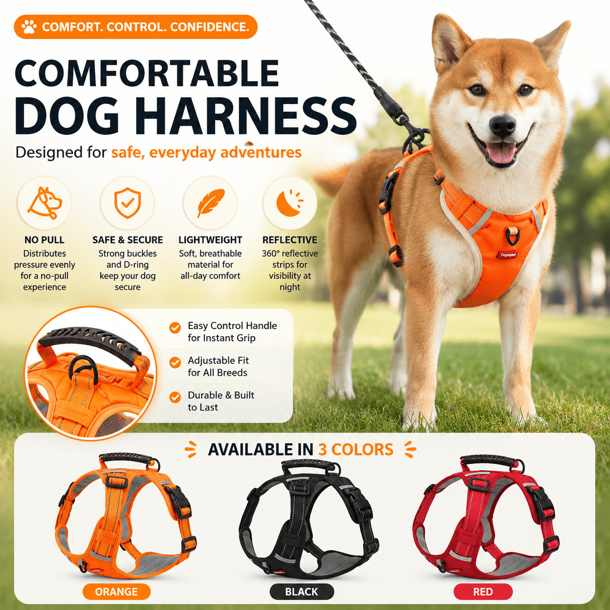 Reflective No-Pull Dog Harness infographic showing an orange harness on a dog with no-pull comfort, secure buckles, lightweight material, reflective details, and black, orange, and red color options