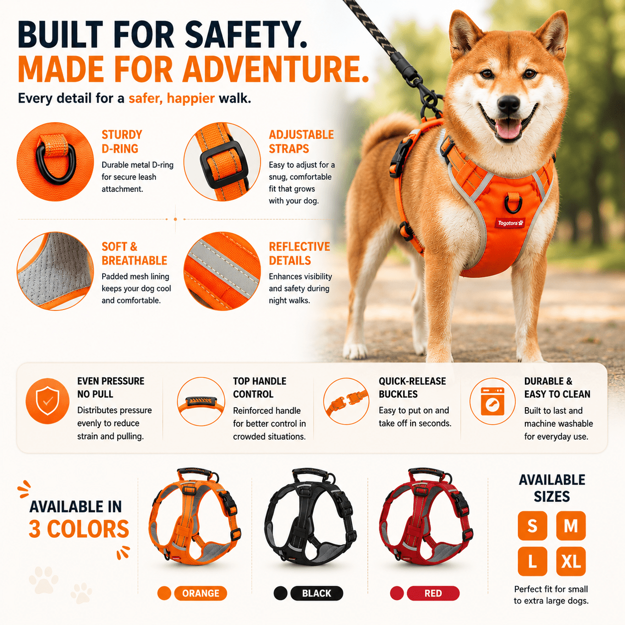 Reflective No-Pull Dog Harness product infographic highlighting sturdy D-ring, adjustable straps, soft breathable padding, reflective details, quick-release buckles, available colors, and sizes S, M, L, and XL