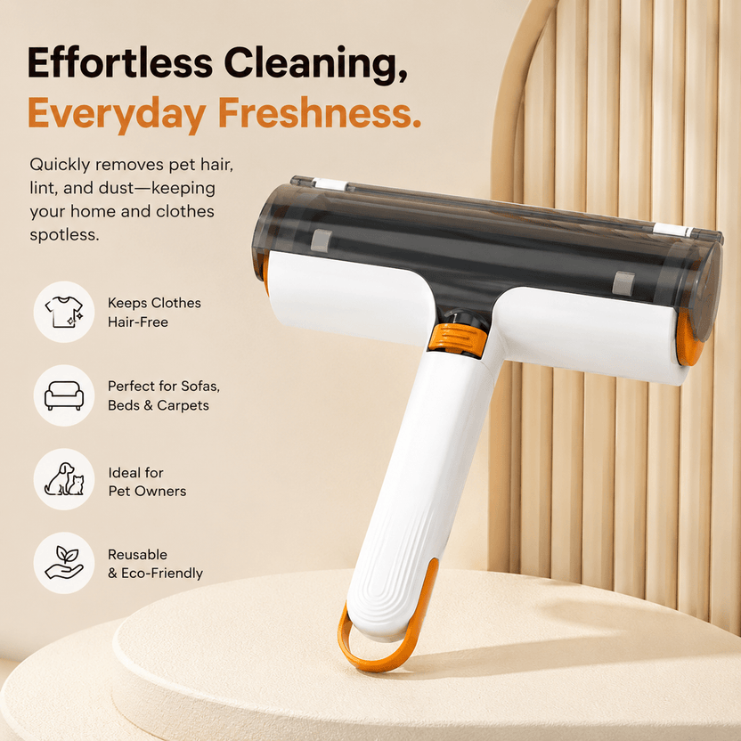 Reusable Pet Hair Remover Roller product image showing a white and orange roller designed to remove pet hair, lint, and dust from clothes, sofas, beds, carpets, and other household fabrics