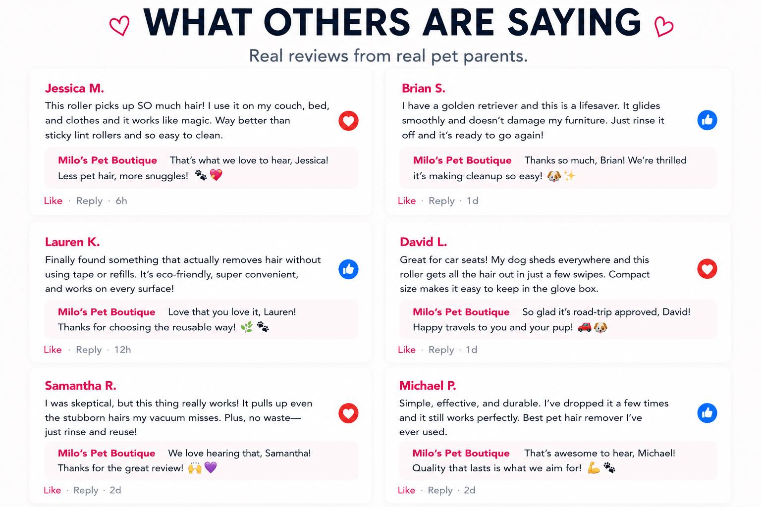 Customer review-style graphic for Reusable Pet Hair Remover Roller with pet parent testimonials about removing pet hair from couches, beds, clothes, and car seats without refills