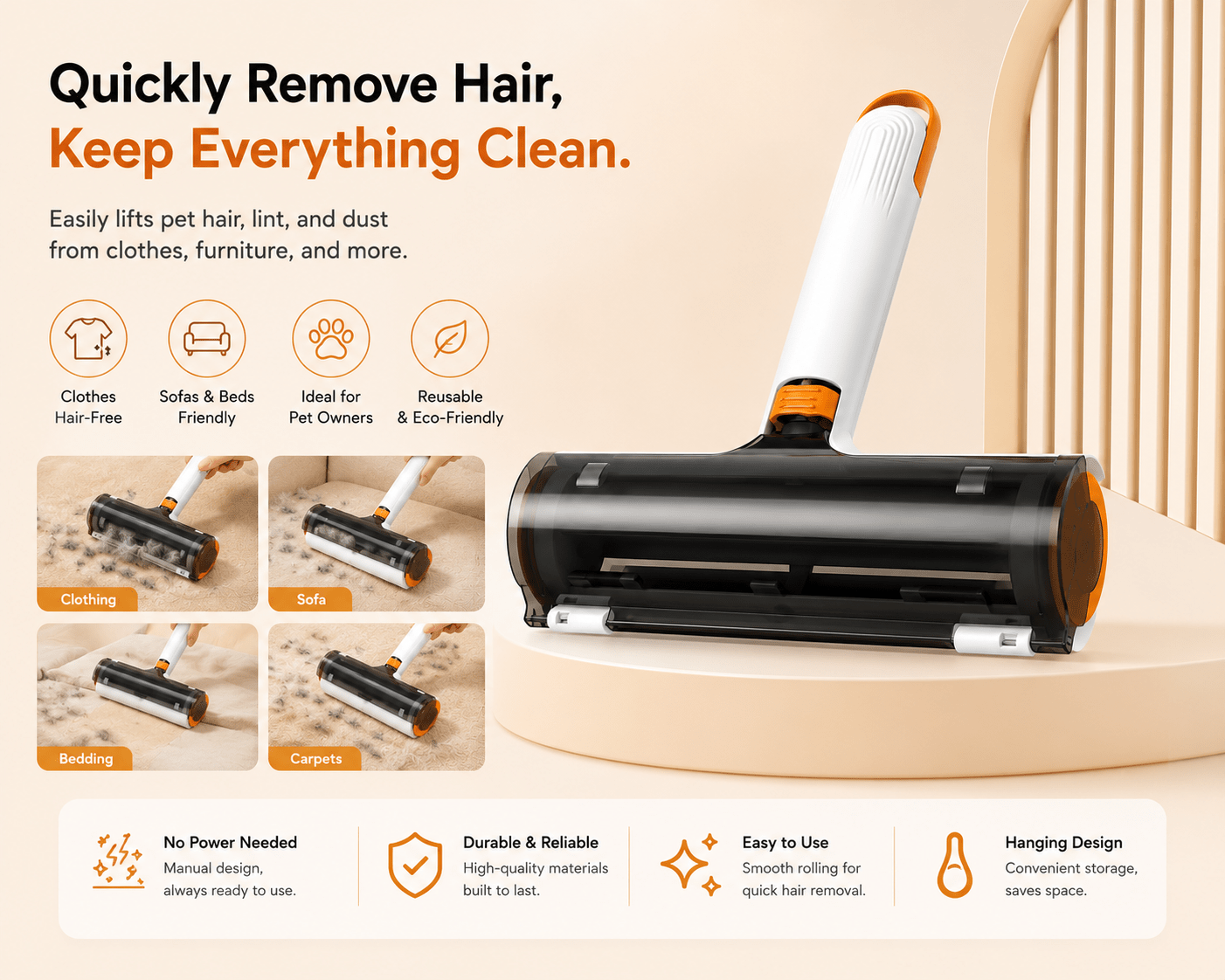 Reusable Pet Hair Remover Roller product image showing quick pet hair, lint, and dust removal from clothes, sofas, bedding, and carpets with reusable eco-friendly design