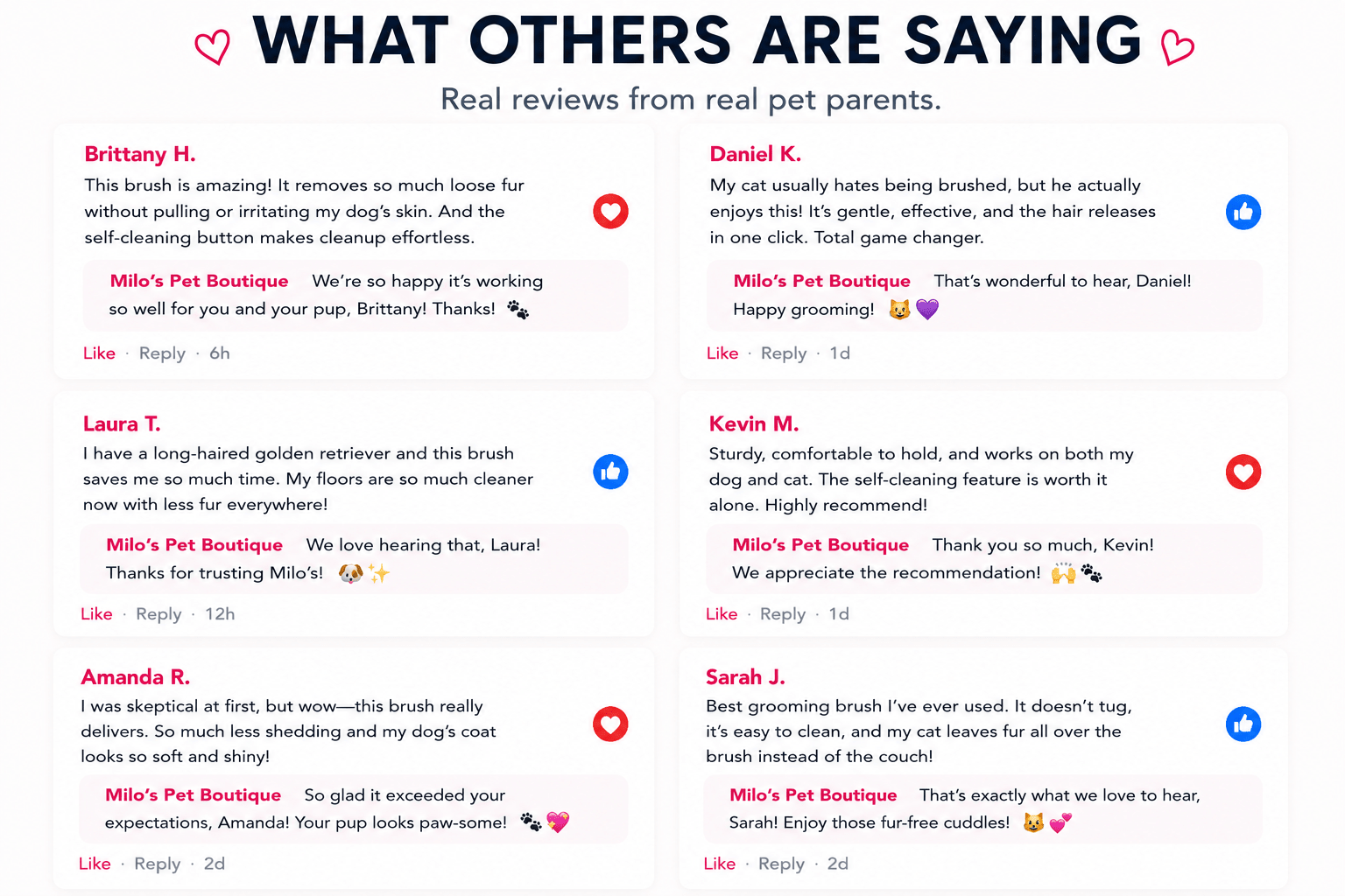 Customer review-style graphic for Self-Cleaning Pet Grooming Brush with pet parent testimonials about removing loose fur, gentle brushing, and easy one-click cleanup