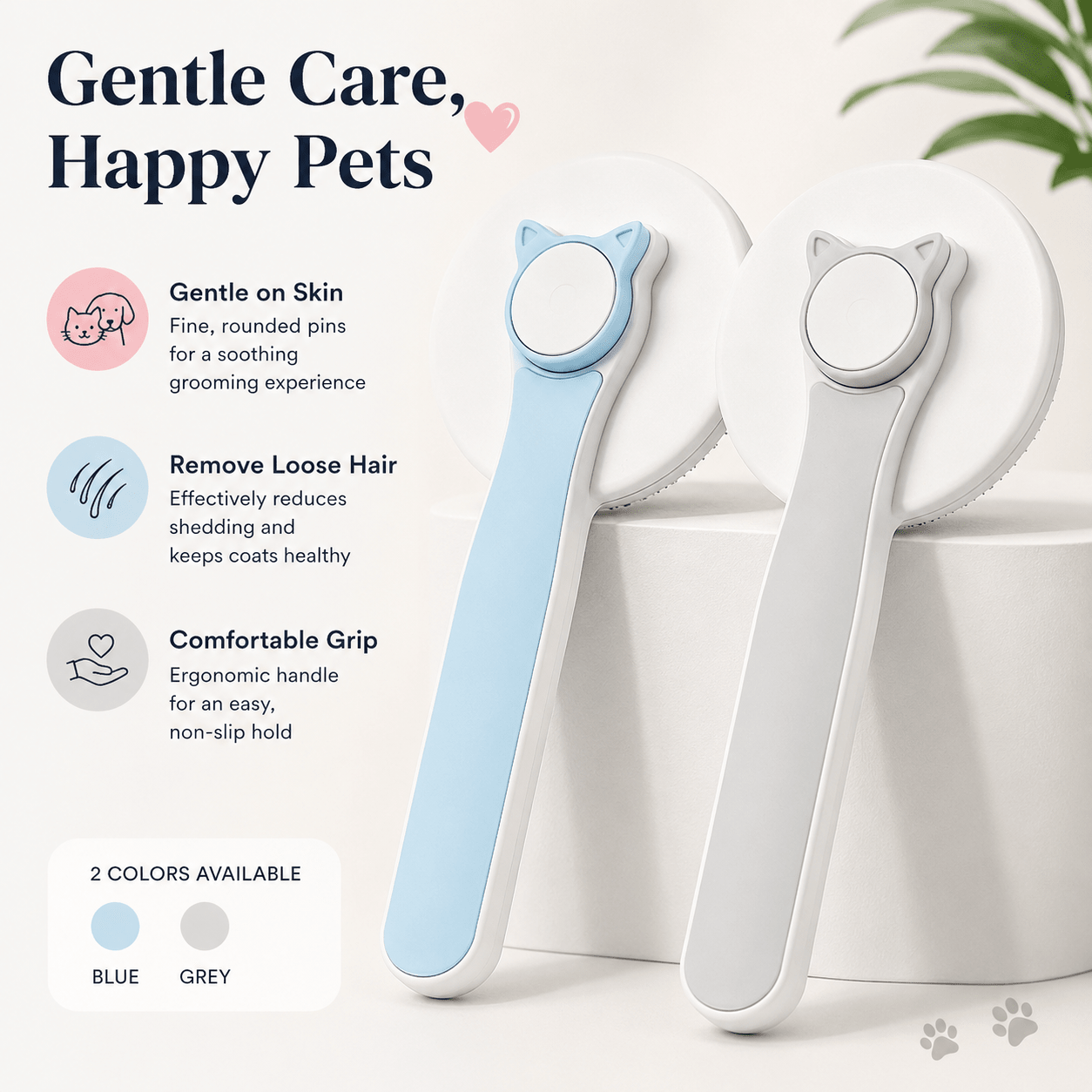 Self-Cleaning Pet Grooming Brush infographic showing blue and grey color options, gentle rounded pins, loose hair removal, and comfortable non-slip grip for dogs and cats