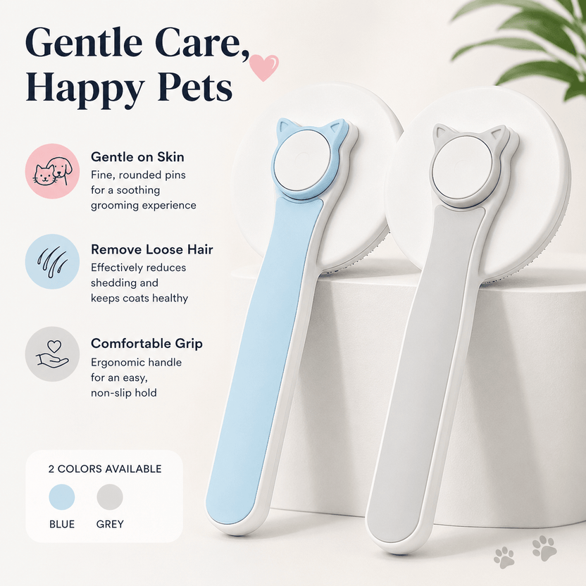 Self-Cleaning Pet Grooming Brush infographic showing blue and grey color options, gentle rounded pins, loose hair removal, and comfortable non-slip grip for dogs and cats