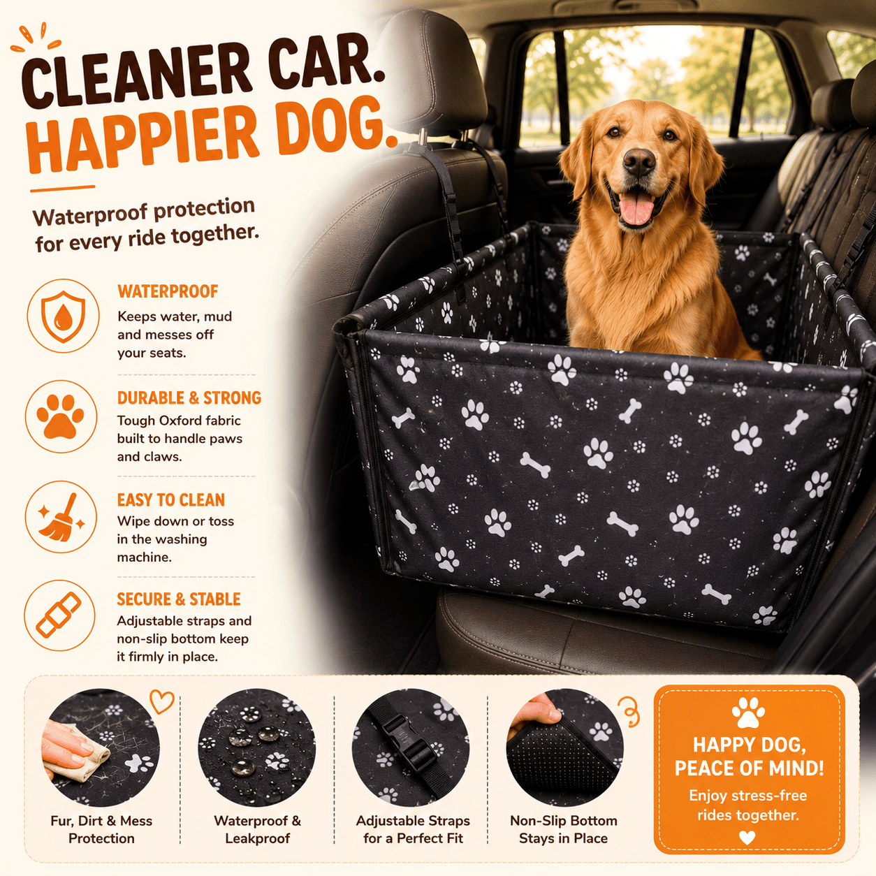 Black Waterproof Dog Car Seat Cover with paw and bone print installed in a car back seat with a dog sitting safely inside