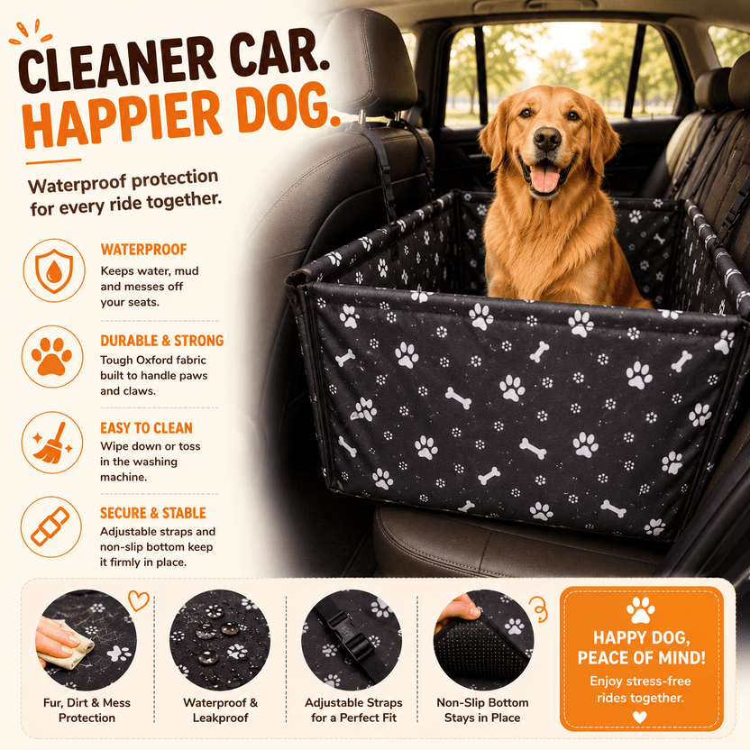 Black Waterproof Dog Car Seat Cover with paw and bone print installed in a car back seat with a dog sitting safely inside