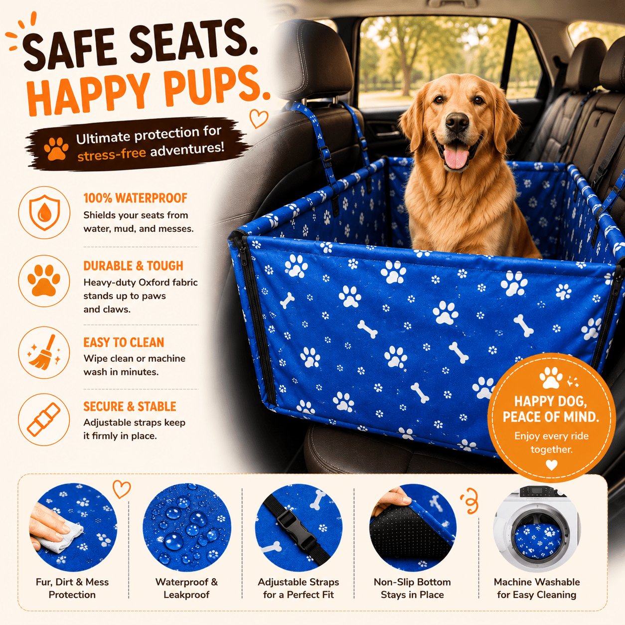 Blue Waterproof Dog Car Seat Cover with paw and bone print installed in a car back seat to keep seats clean and protected