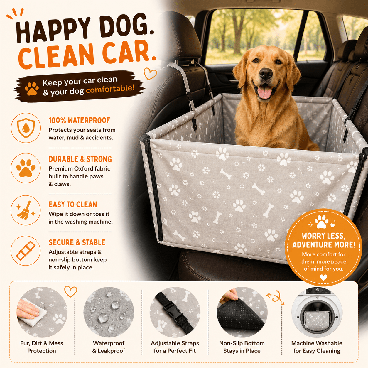 Gray Waterproof Dog Car Seat Cover with paw and bone print shown in a car back seat with waterproof, durable, and easy-clean features